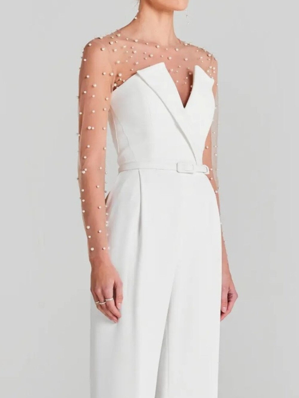 MISSACC White Pearl-Embellished Sheer-Sleeve Jumpsuit